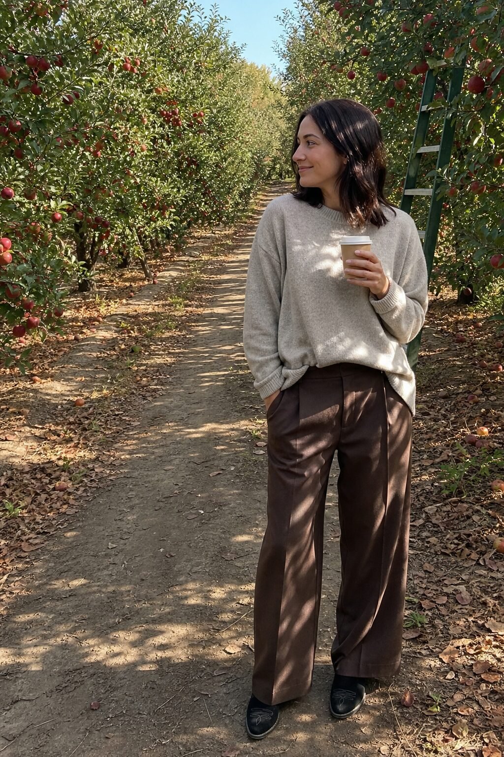 elegant fall orchard outfit: oatmeal cashmere sweater, brown wide-leg trousers and black suede western ankle boots