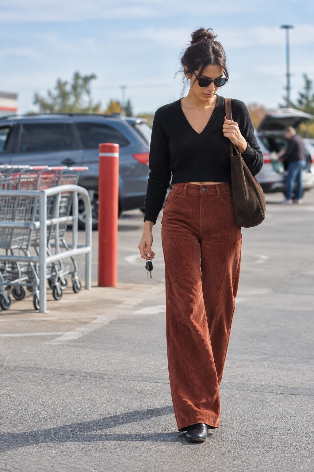 how to style corduroy pants with a black cropped cashmere sweater, brick red corduroy pants and a brown suede tote