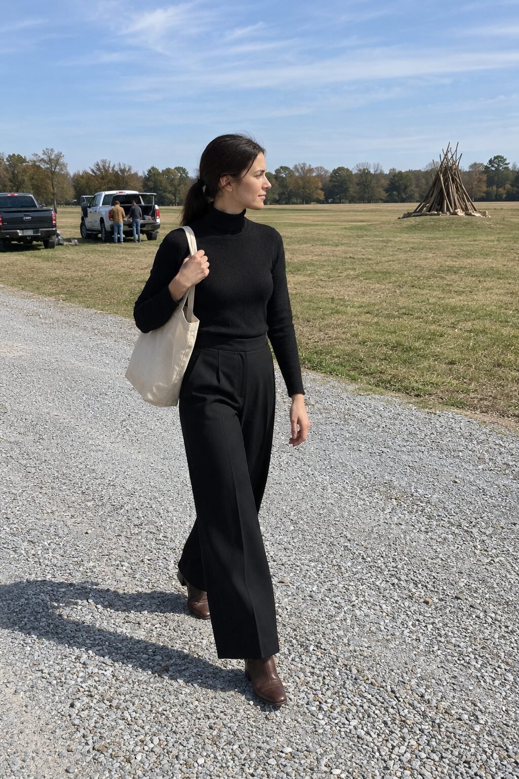 woman in a black cashmere turtleneck, black wide-leg trousers and chocolate leather booties, cozy Halloween bonfire outfit