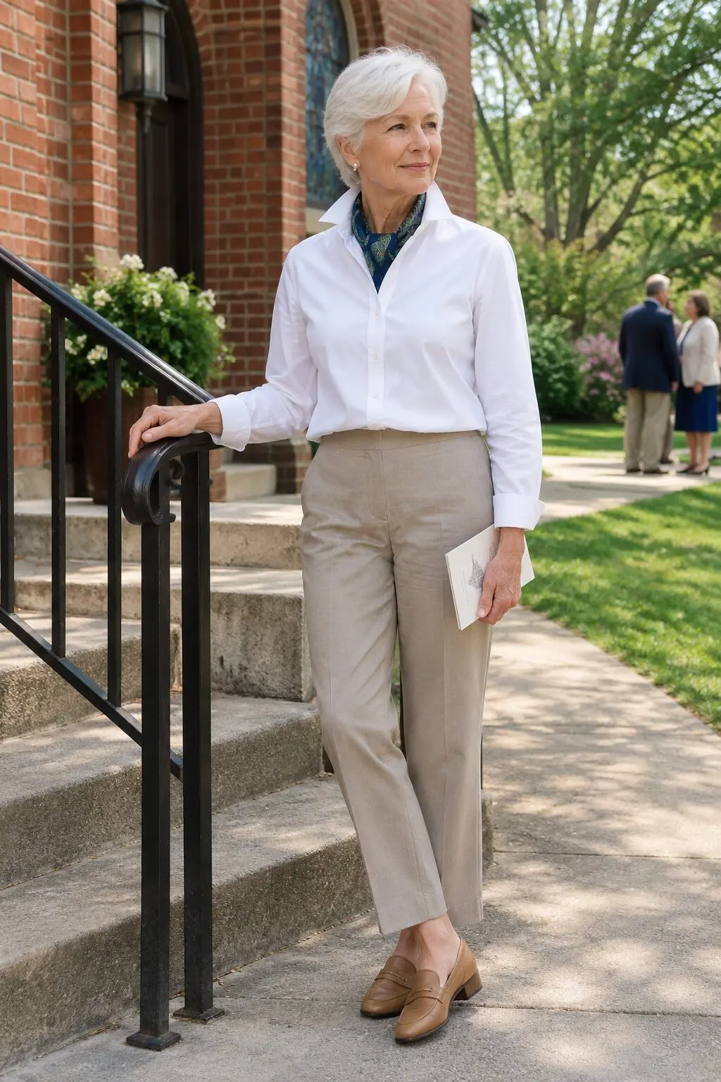 how to style a silk scarf tucked under the collar of a white cotton poplin shirt with light taupe straight-leg trousers
