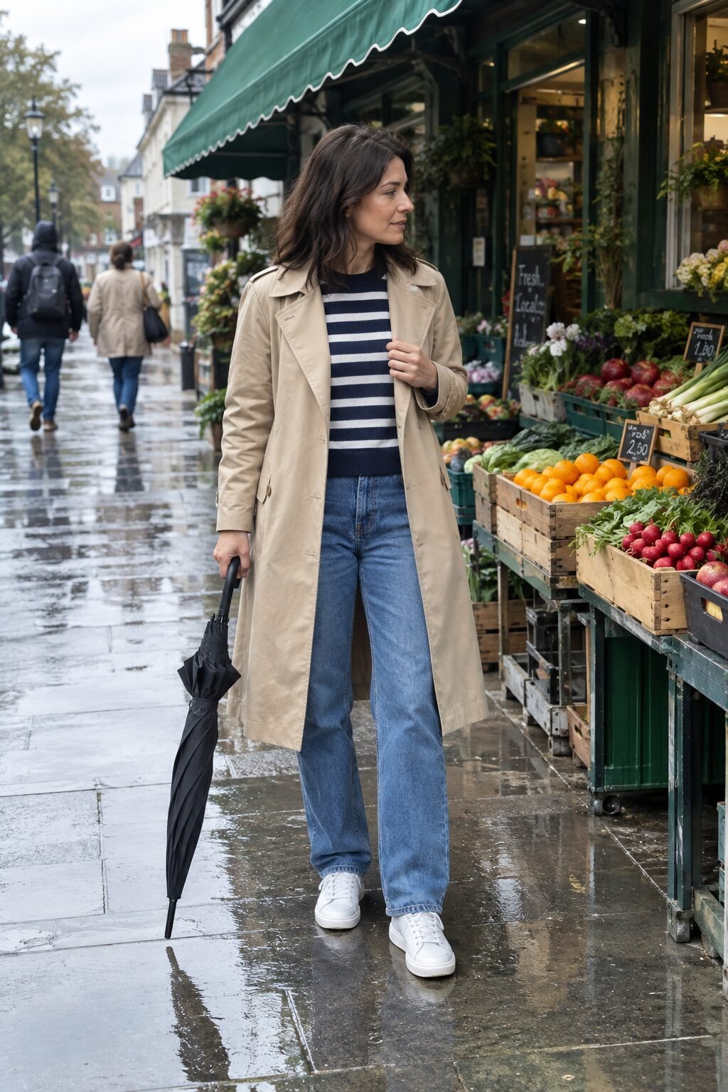 coastal grandmother fall outfit: navy striped sweater, relaxed straight jeans and a stone trench coat