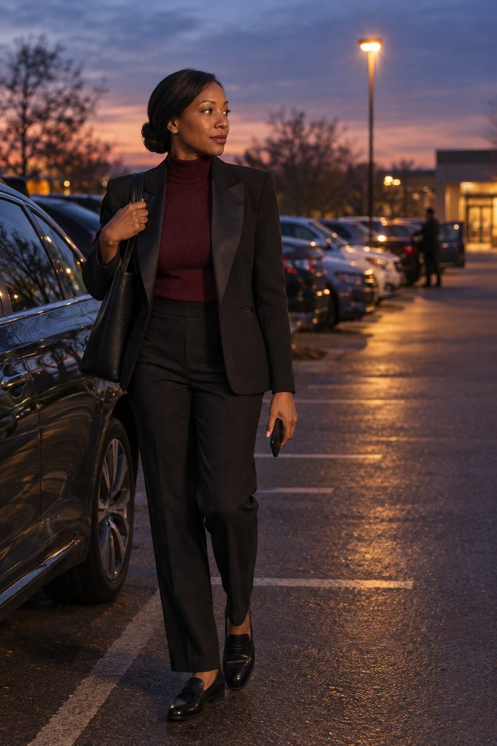halloween teacher outfit for parent-teacher conferences: black satin-lapel blazer over a burgundy cashmere turtleneck with black trousers and loafers