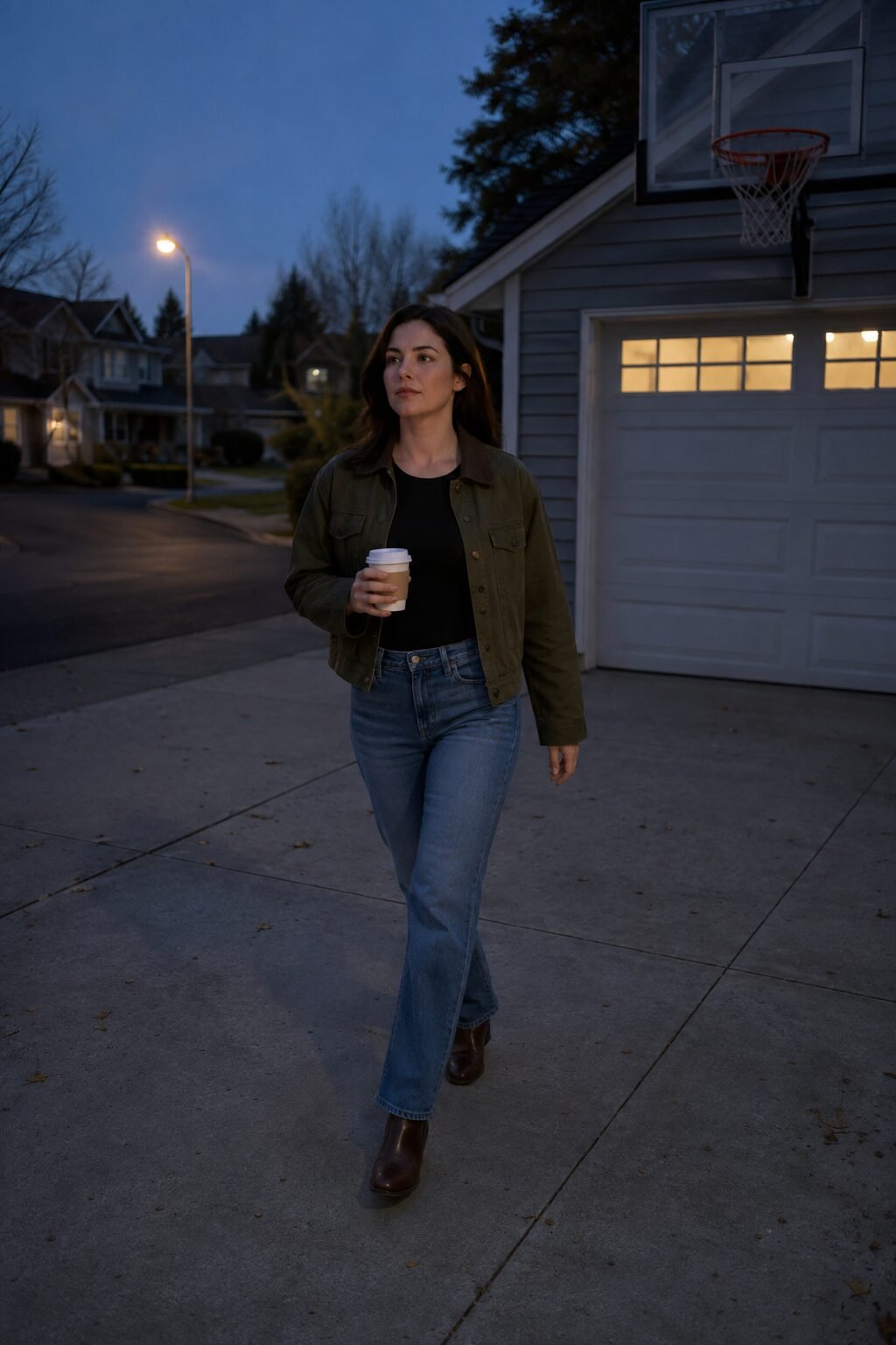 olive barn jacket and blue straight jeans, an affordable elevated halloween outfit for trick-or-treat night