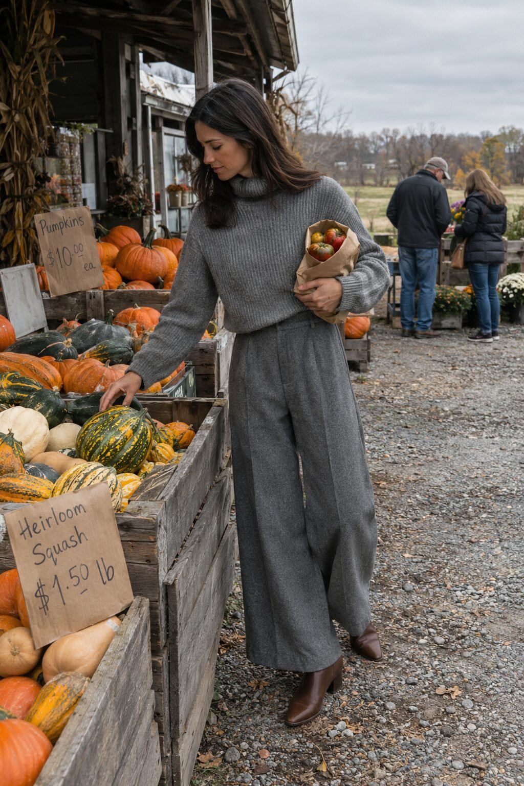 old money countryside fall outfit: heather grey cashmere turtleneck and wide-leg wool trousers at a farm stand