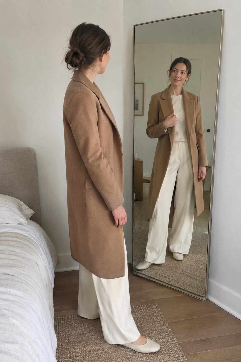monochrome cream outfit with camel coat, an easy way to look rich and classy