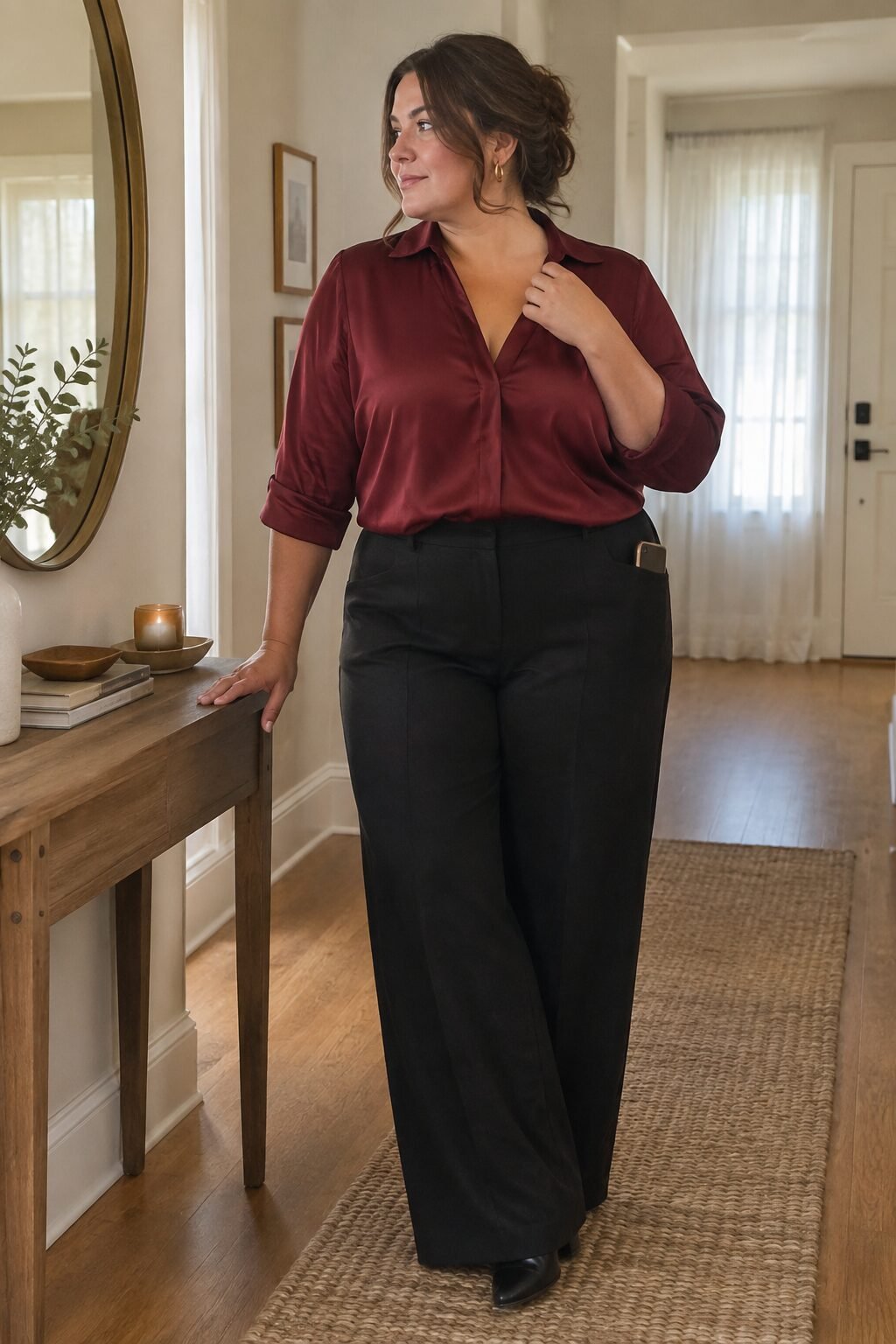 plus size halloween outfit idea: wine-red silk blouse with black wide-leg trousers