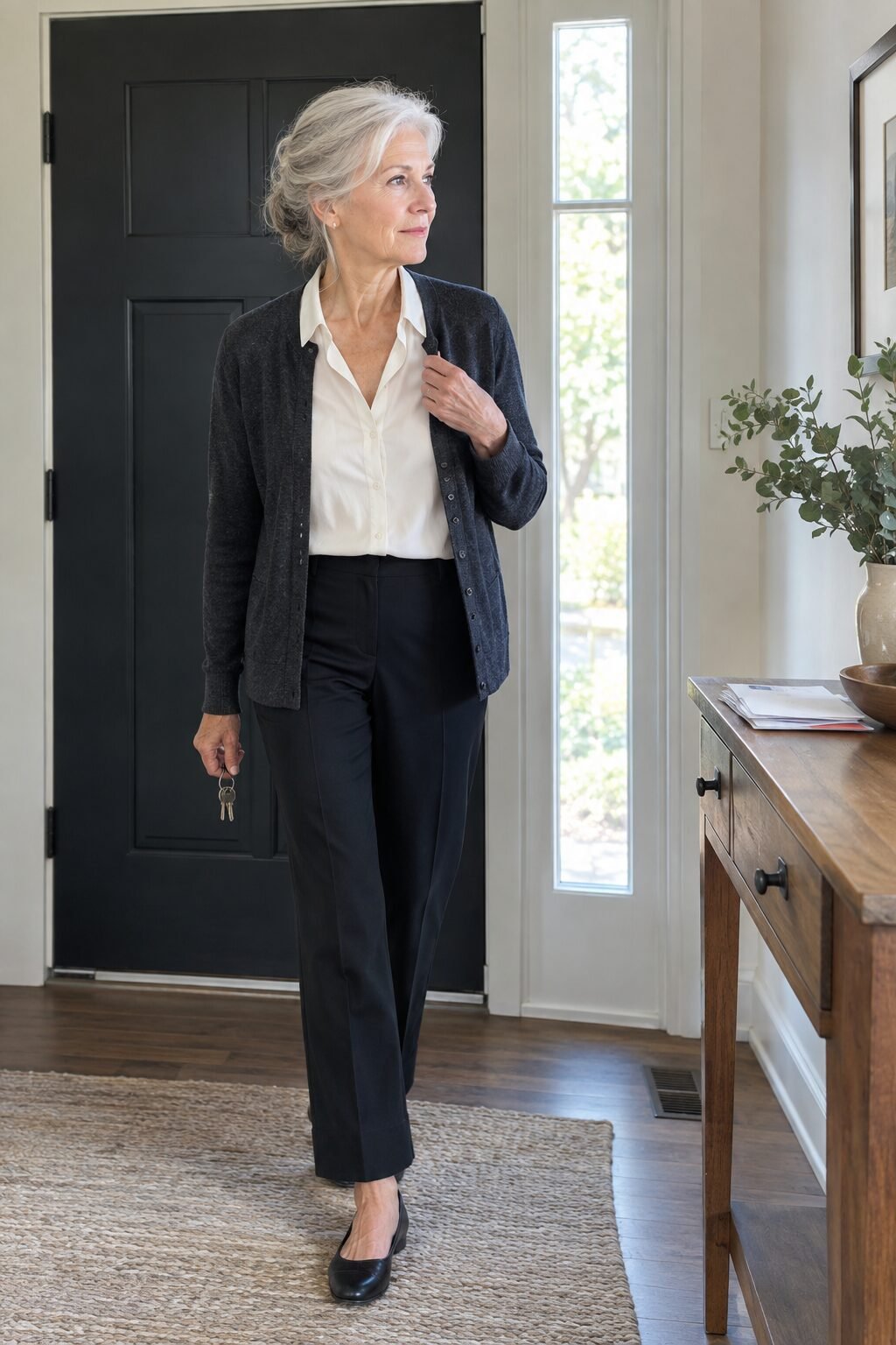 off-white silk shirt layered under a dark cardigan near the face, elegant style over 70
