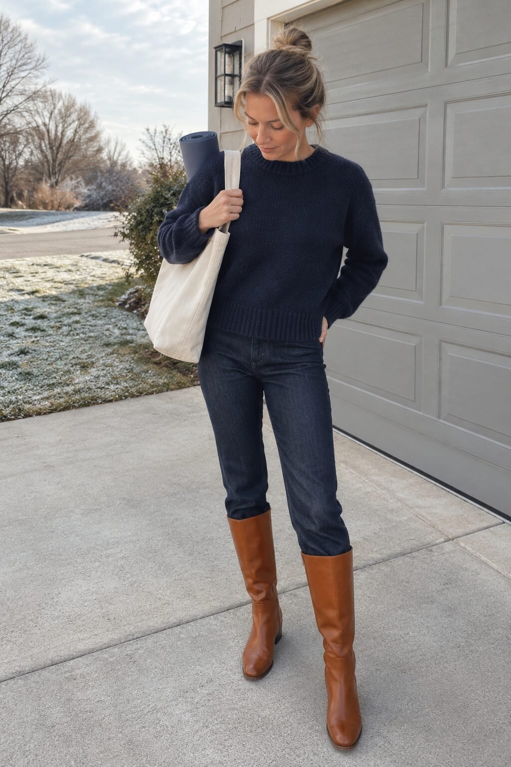 cashmere outfit for winter: navy chunky crewneck sweater with straight-leg denim and cognac knee-high boots
