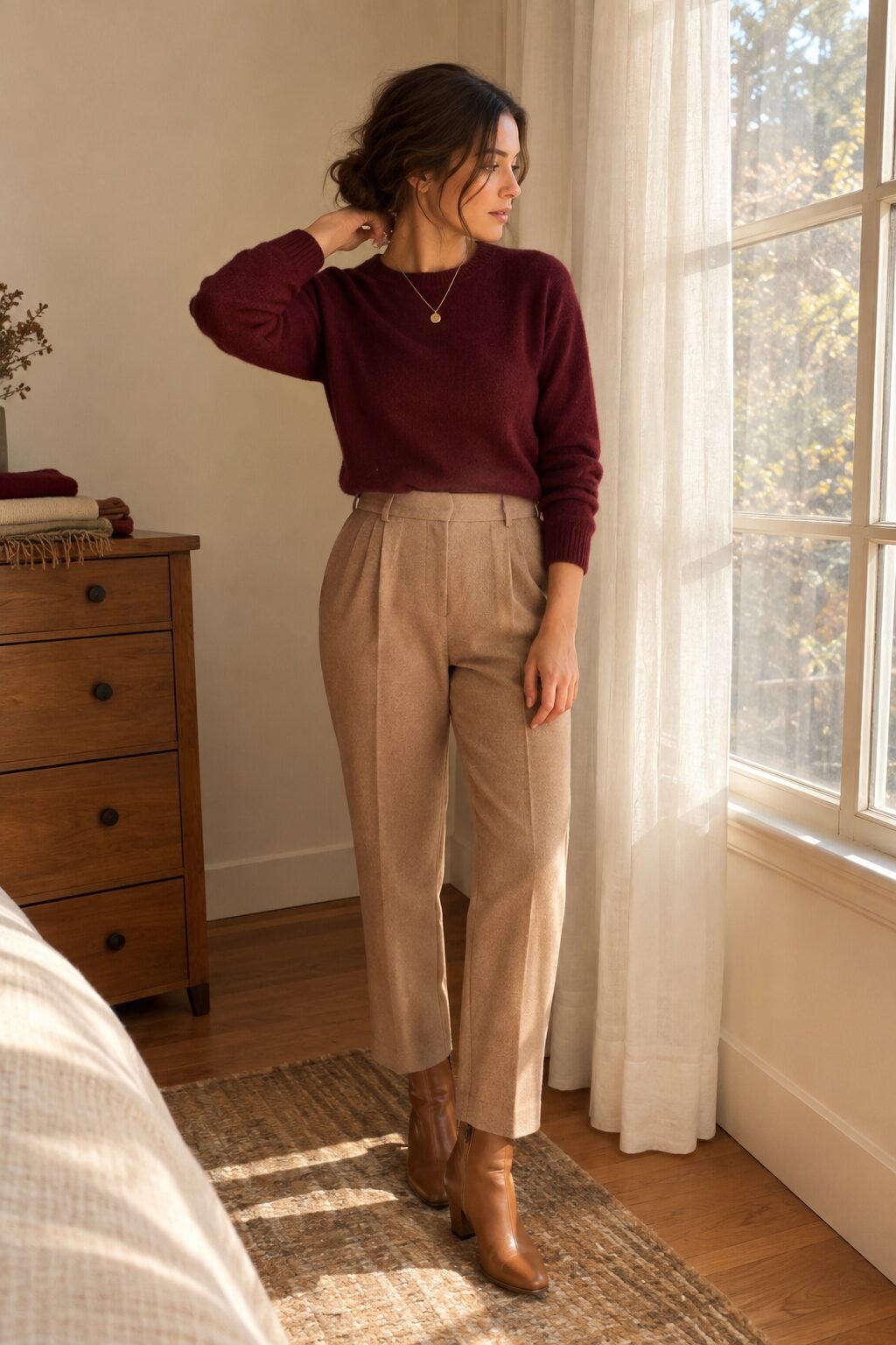 woman wearing a wine cashmere sweater with neutral brown and beige layers, breaking up a muddy fall palette