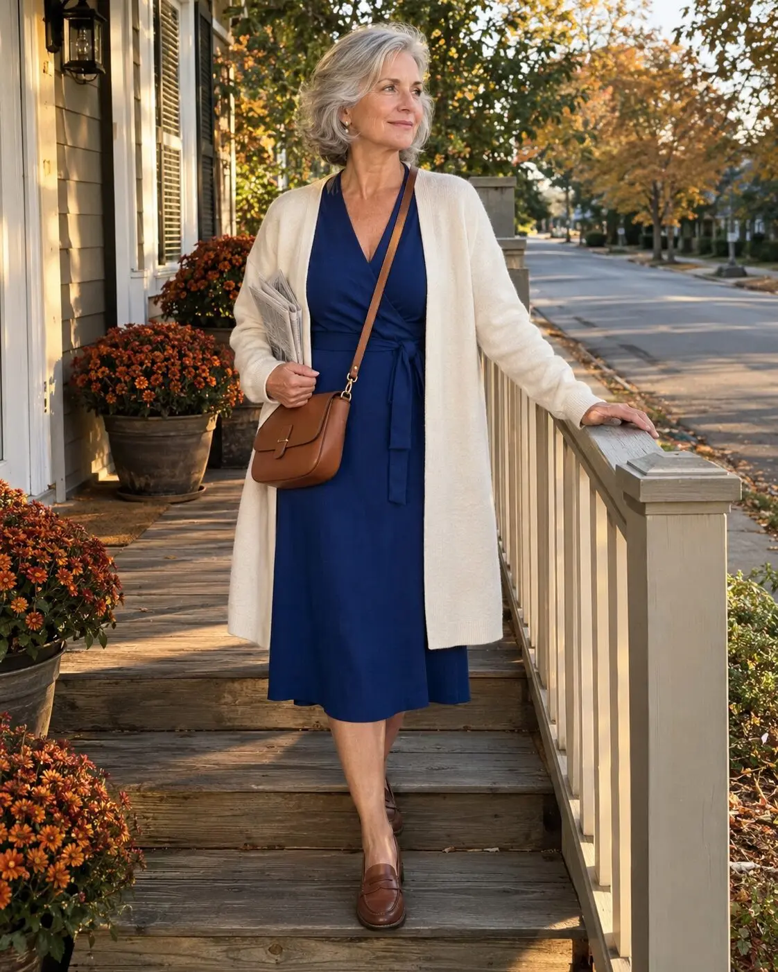 how to style a wrap dress for women in their 70s: navy wrap dress under an open ivory oversized cardigan with cognac loafers