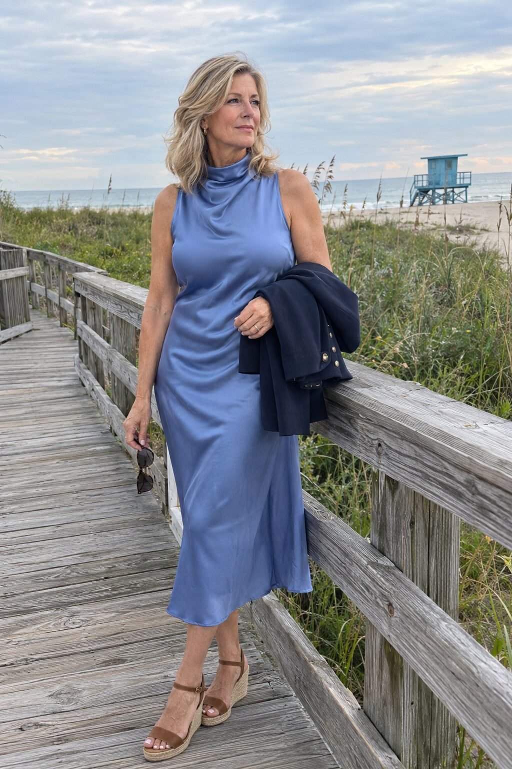 mother of the groom outfit: navy cropped jacket carried over a moonstone blue silk midi dress with tan espadrille wedges for a summer coastal wedding