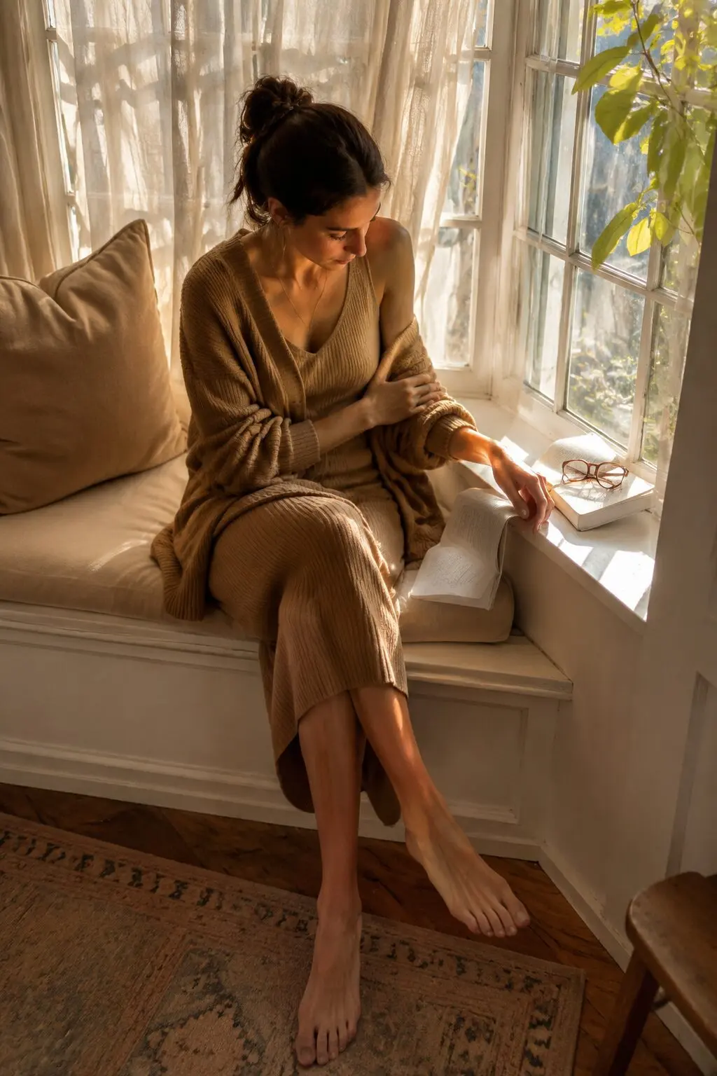 camel monochrome work from home outfit: open knit cardigan over ribbed midi skirt