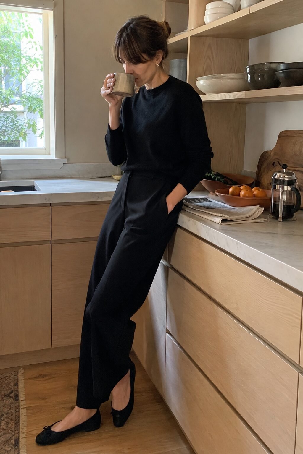 cozy work from home outfit: black cashmere crewneck sweater with black wide leg ponte pants and suede ballet flats