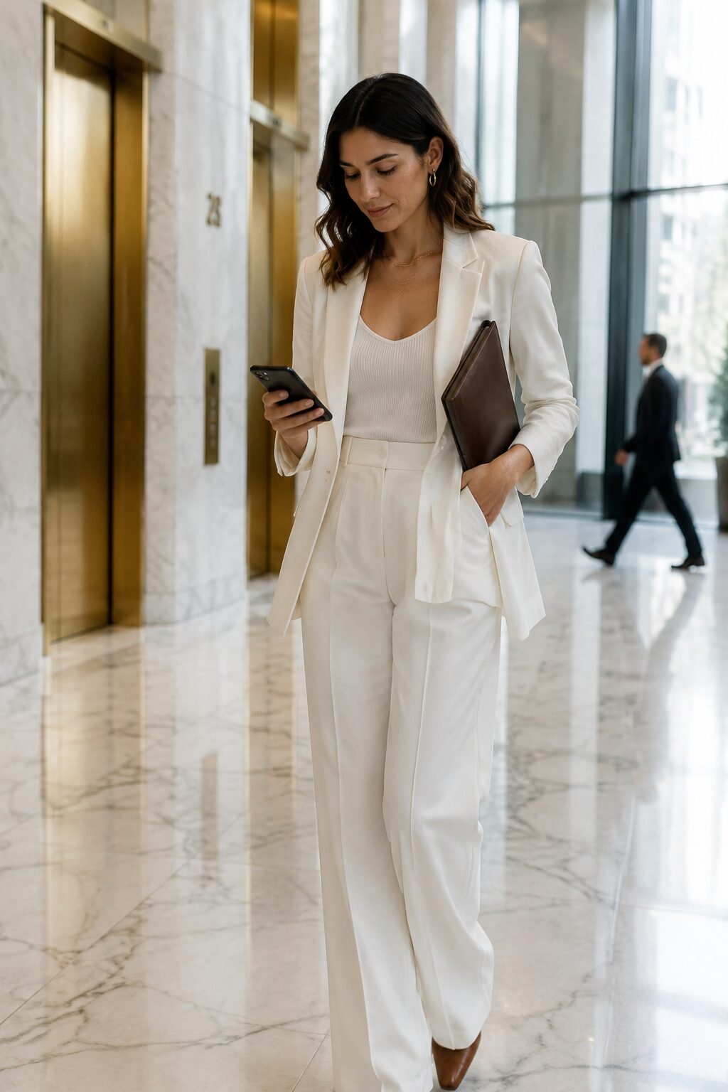 summer office linen pants outfit: white linen pleated trouser and structured linen blazer