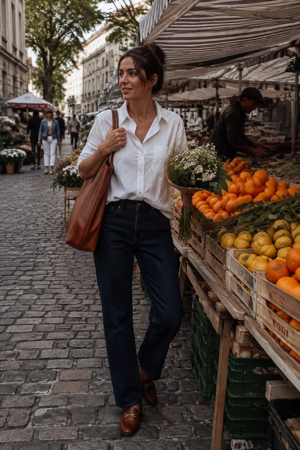 woman styling a white button-down shirt half-tucked over dark-wash straight-leg jeans for a weekend outfit