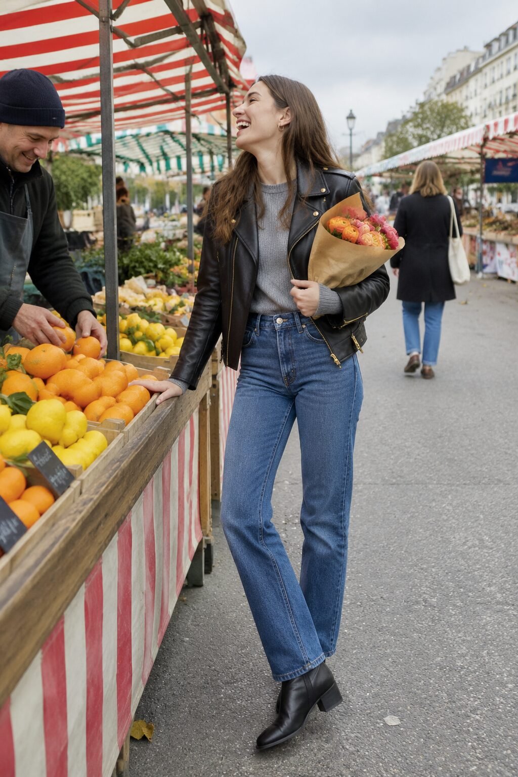 capsule wardrobe outfits 2026: grey ribbed sweater, straight-leg indigo jeans, and cropped black leather moto jacket