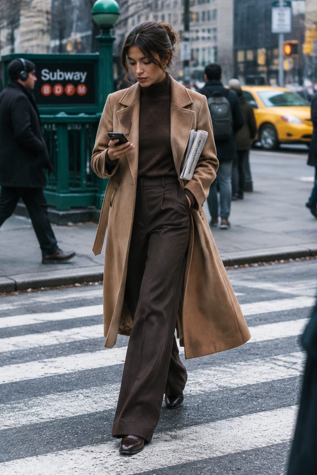 cozy fall office outfit: caramel wrap coat over brown cashmere turtleneck and espresso wide-leg trousers