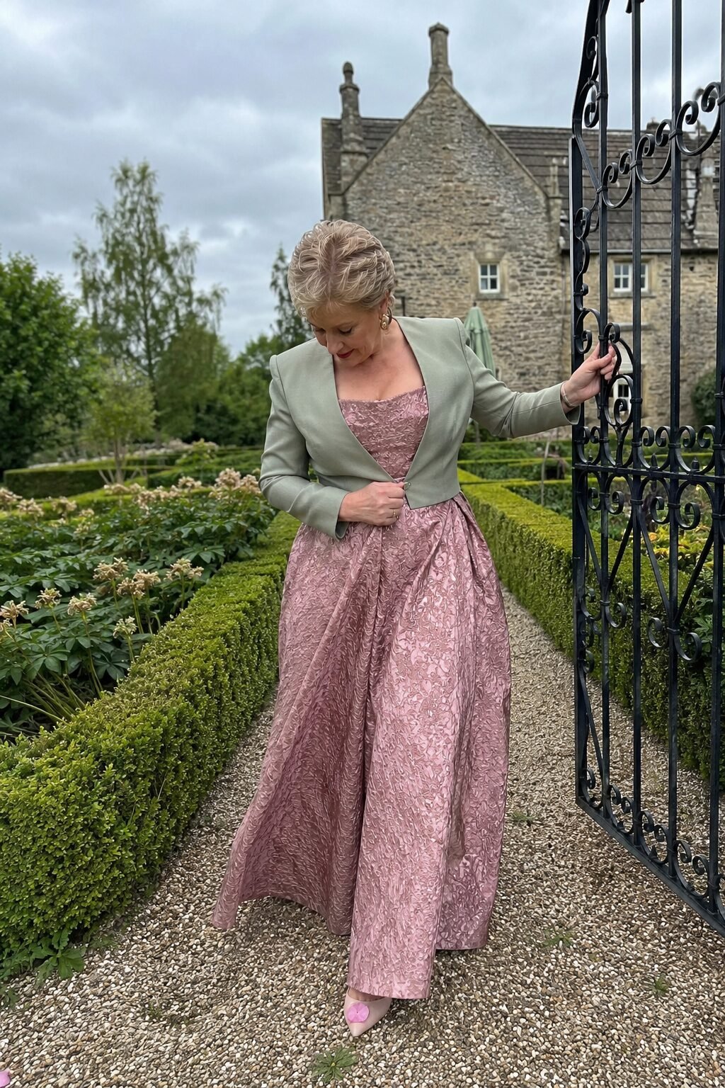 dusty rose off-shoulder gown layered with a cropped sage jacket for a spring garden mother of the groom look