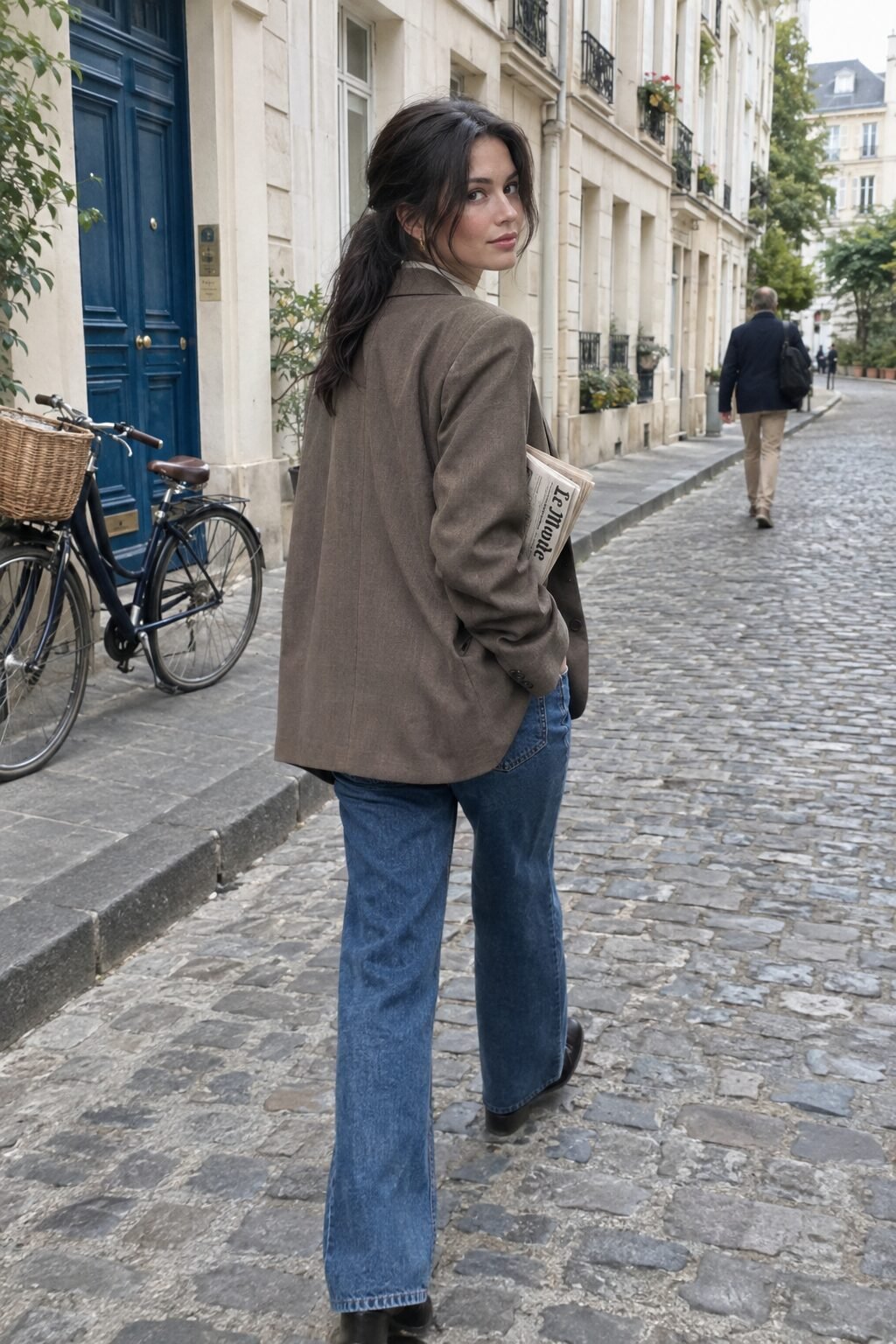 fall brunch outfit: ivory silk blouse, taupe oversized blazer, and straight-leg jeans