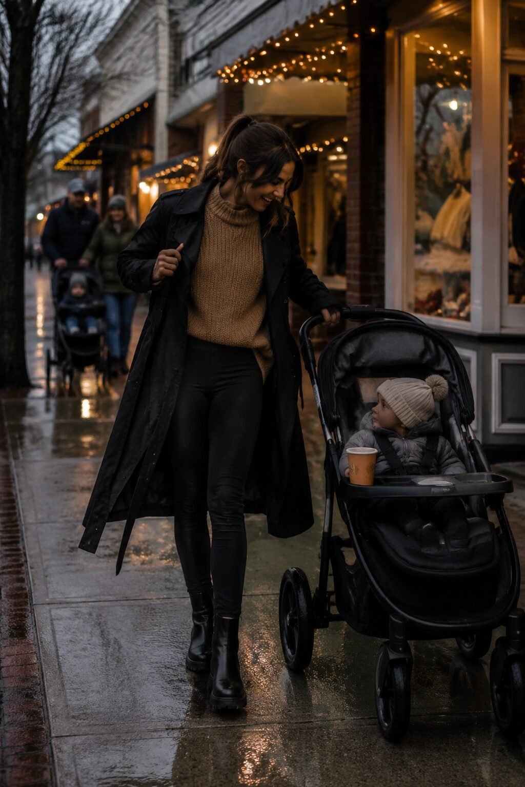 black and camel belted trench worn open over a chunky knit and leggings, warm halloween outfit for moms trick-or-treating