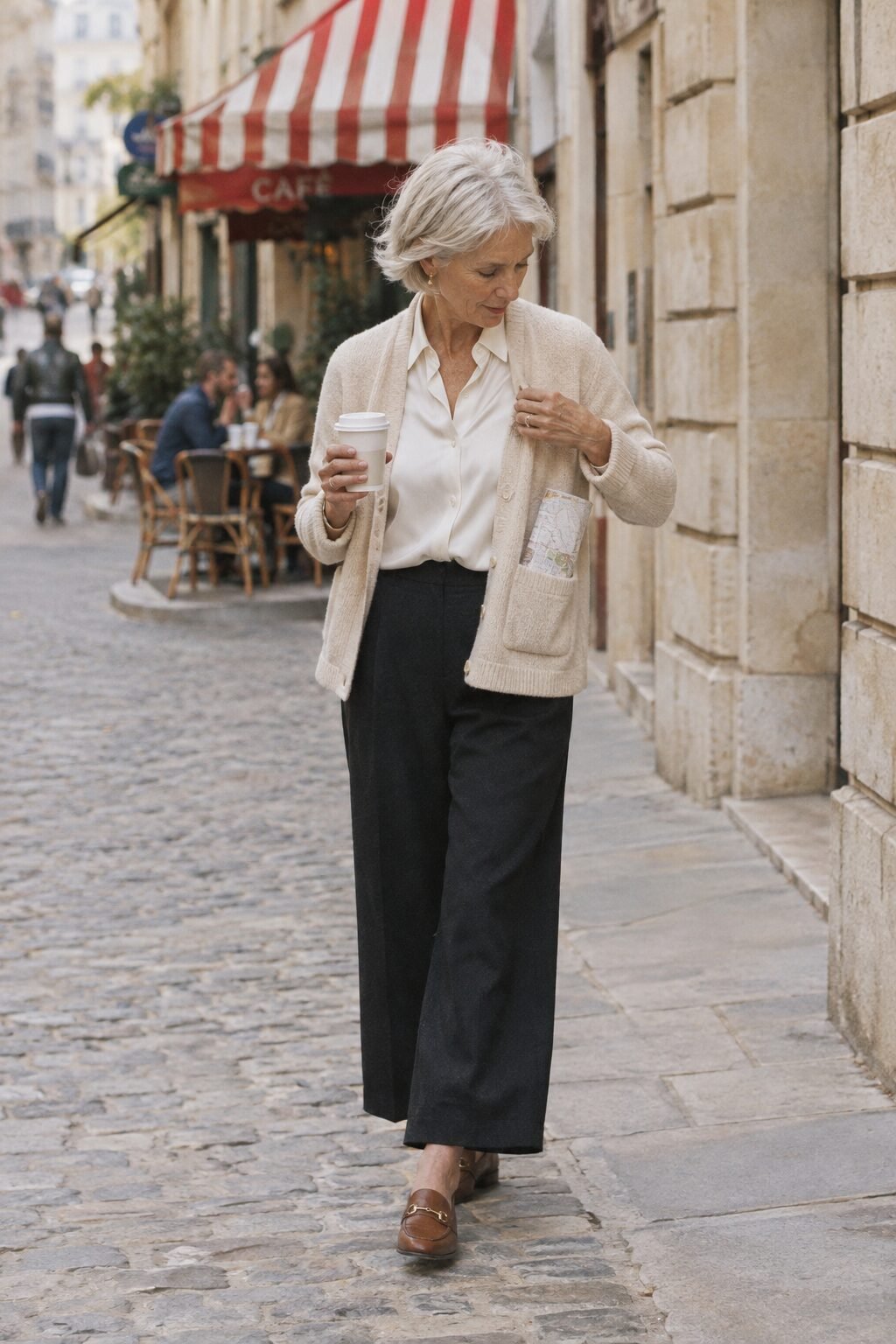 elegant travel outfit over 70: black wide-leg trousers, ivory silk blouse, and cream cardigan for a city walking tour