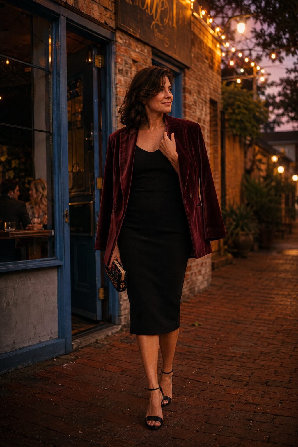 classy Halloween outfit for women over 40: black sheath dress under a burgundy velvet blazer for a cocktail party