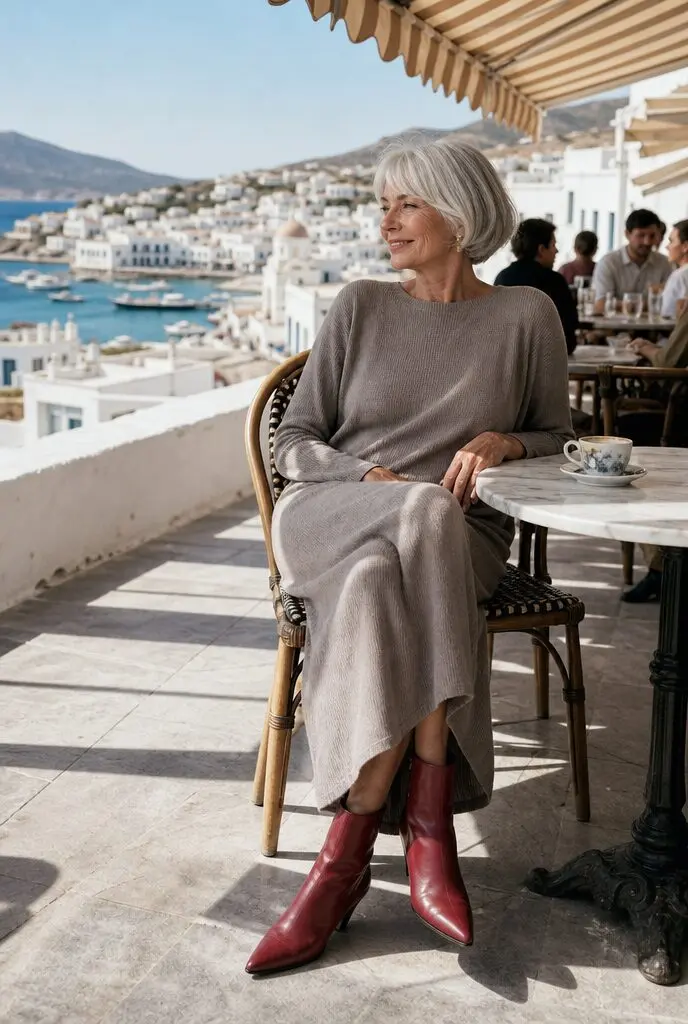 fall outfit for women in their 70s: taupe knit dress with ruby ankle boots for lunch with friends