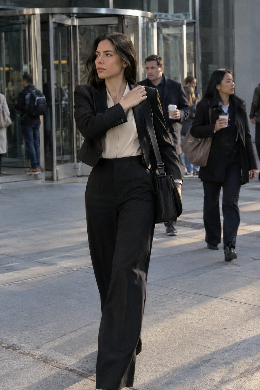 how to style a black blazer with wide-leg trousers for office-casual fall dressing