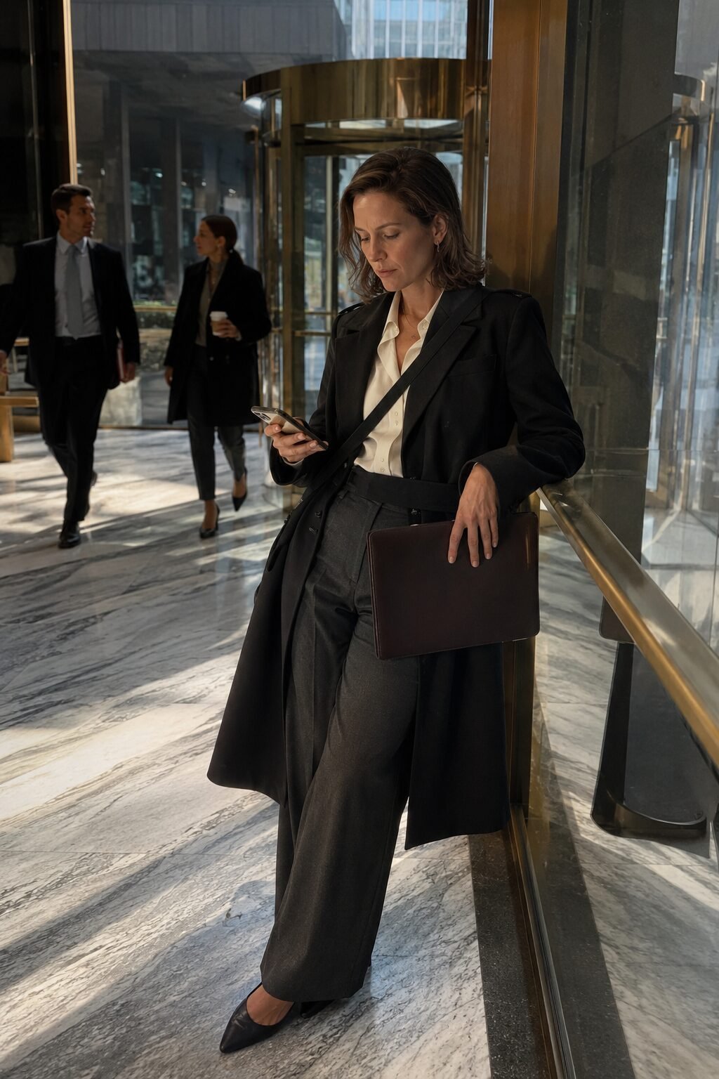 how to style a black trench coat with wide-leg trousers: belted black trench over charcoal wide-leg trousers and an ivory top for the office