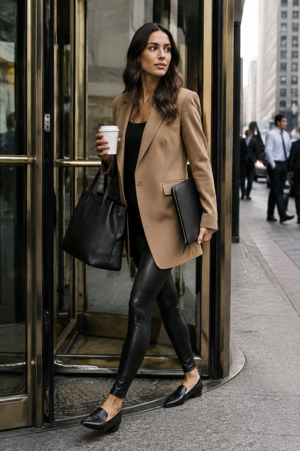 woman styling black leather leggings with a camel tailored blazer for office-casual fall style