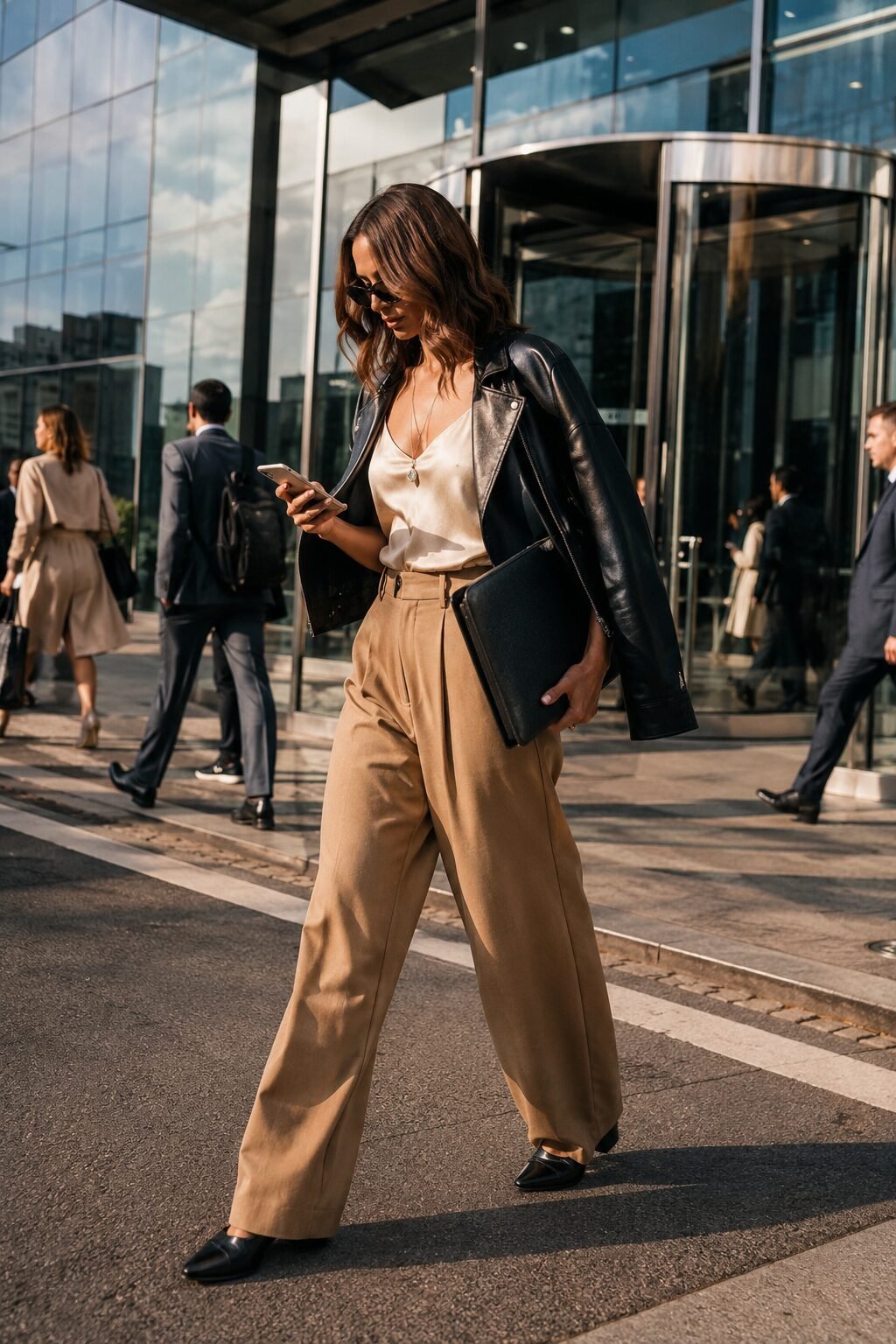 how to style a black leather jacket with camel wide-leg trousers for office-casual outfit ideas