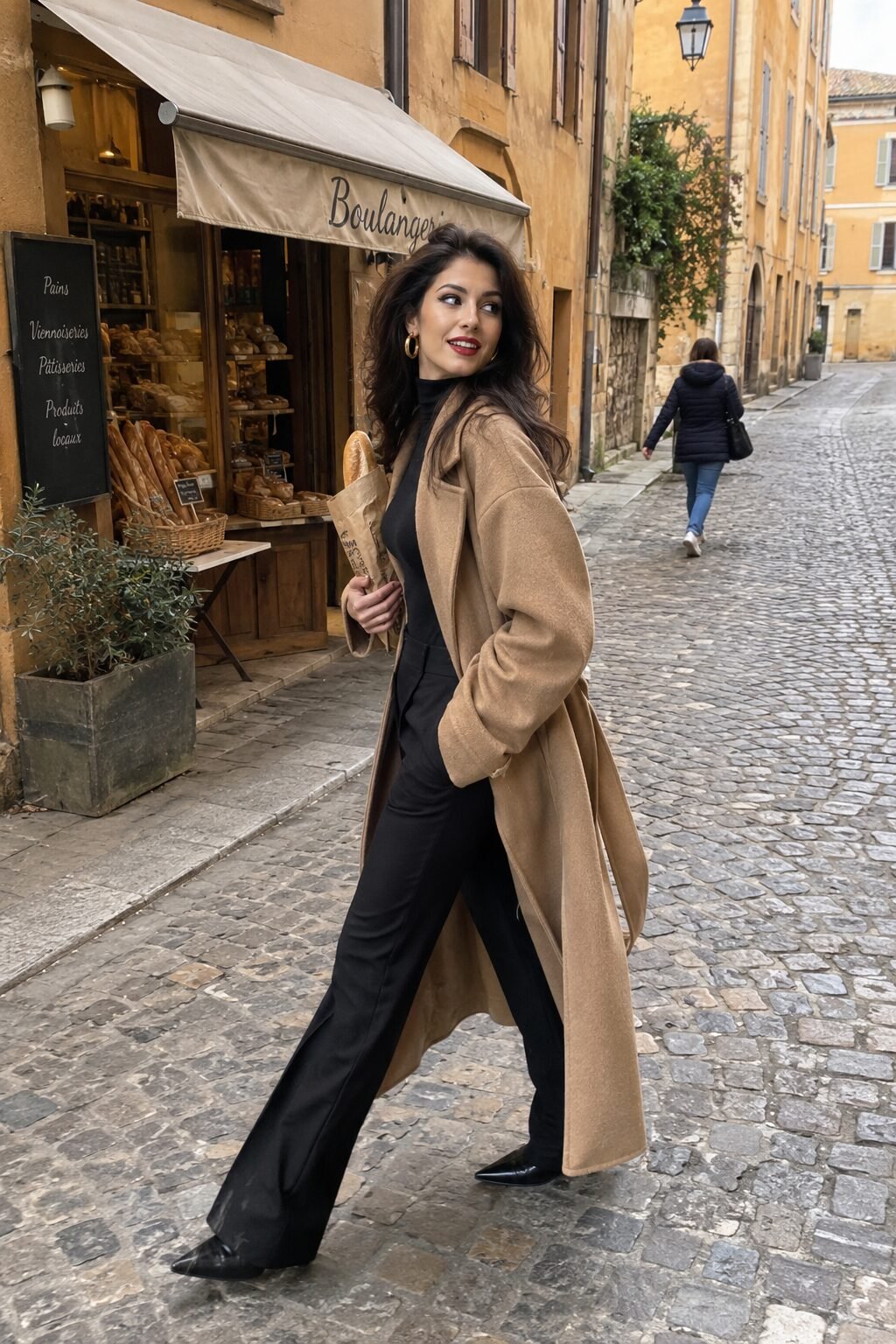 quiet luxury weekend outfit: camel wool coat over black turtleneck and straight-leg trousers