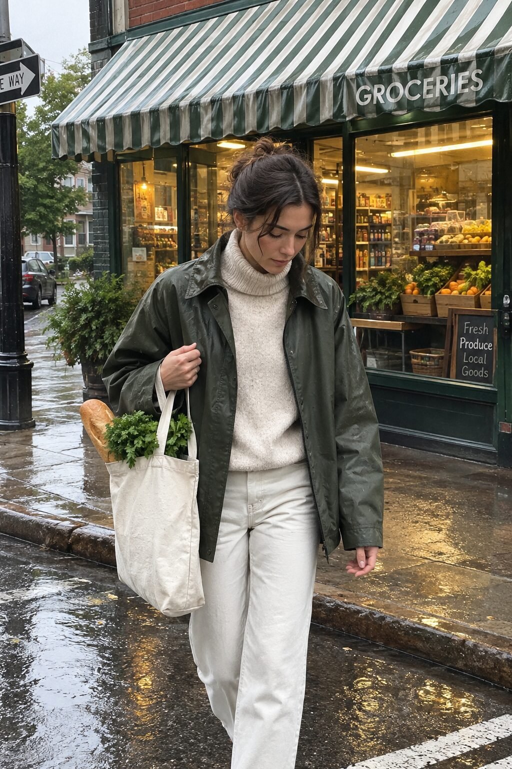 weekend rain outfit idea: olive rain jacket, cashmere funnel-neck sweater, and straight-leg jeans