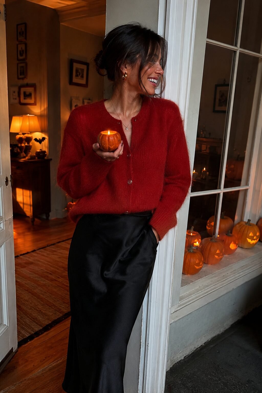 sophisticated halloween outfit idea: red mohair cardigan tucked into a black silk midi skirt