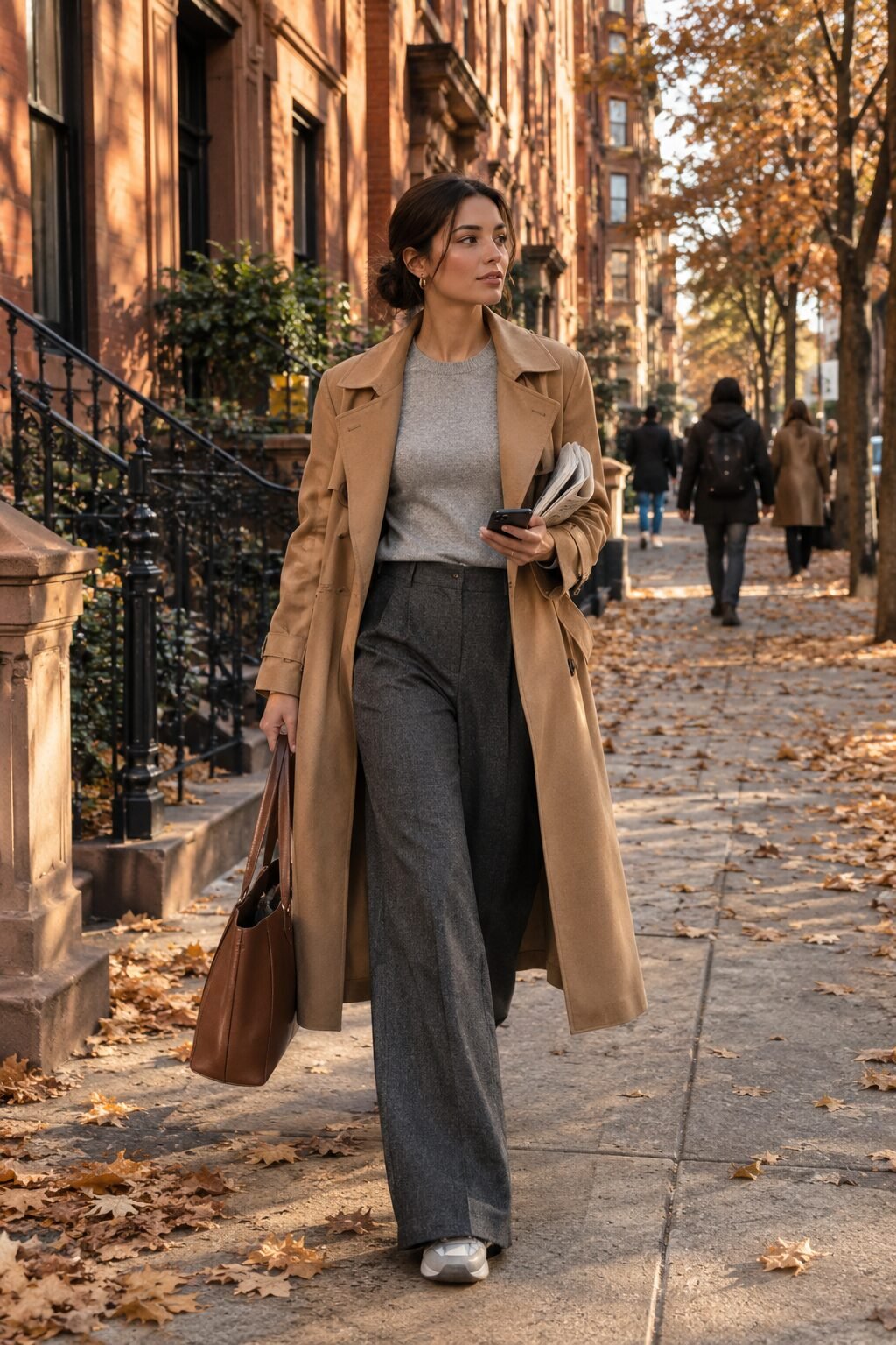 carolyn bessette style office outfit: grey cashmere crewneck tucked into wide-leg trousers under a camel trench coat