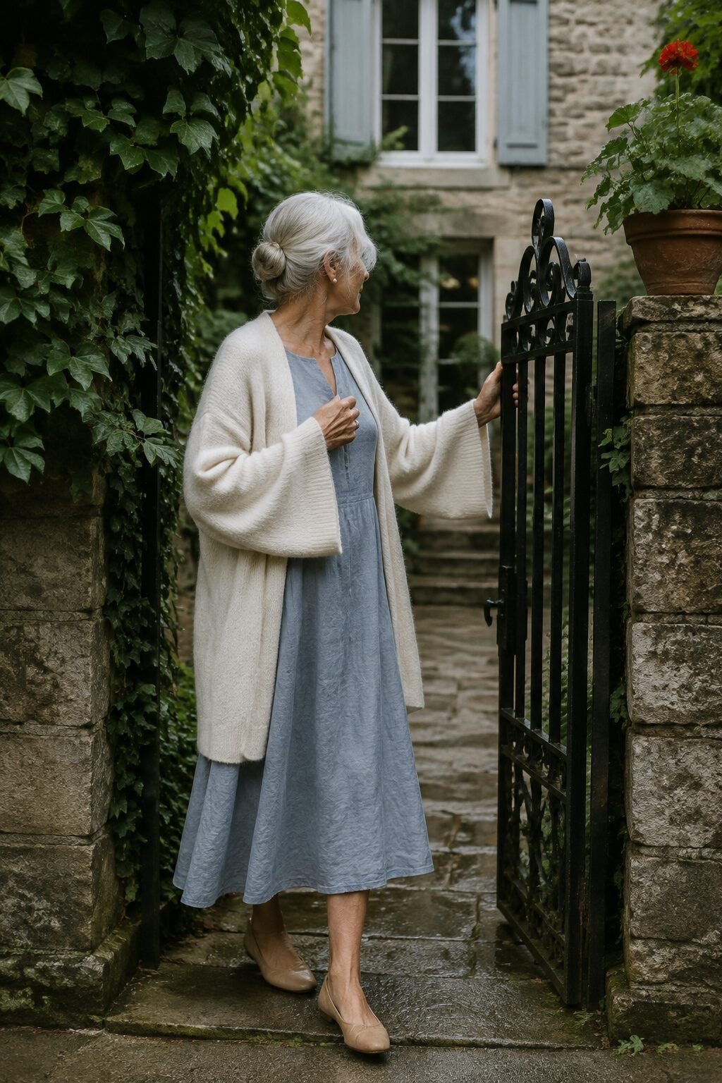 elegant outfit for women in their 70s: dusty blue A-line midi dress layered under an ivory cashmere cardigan