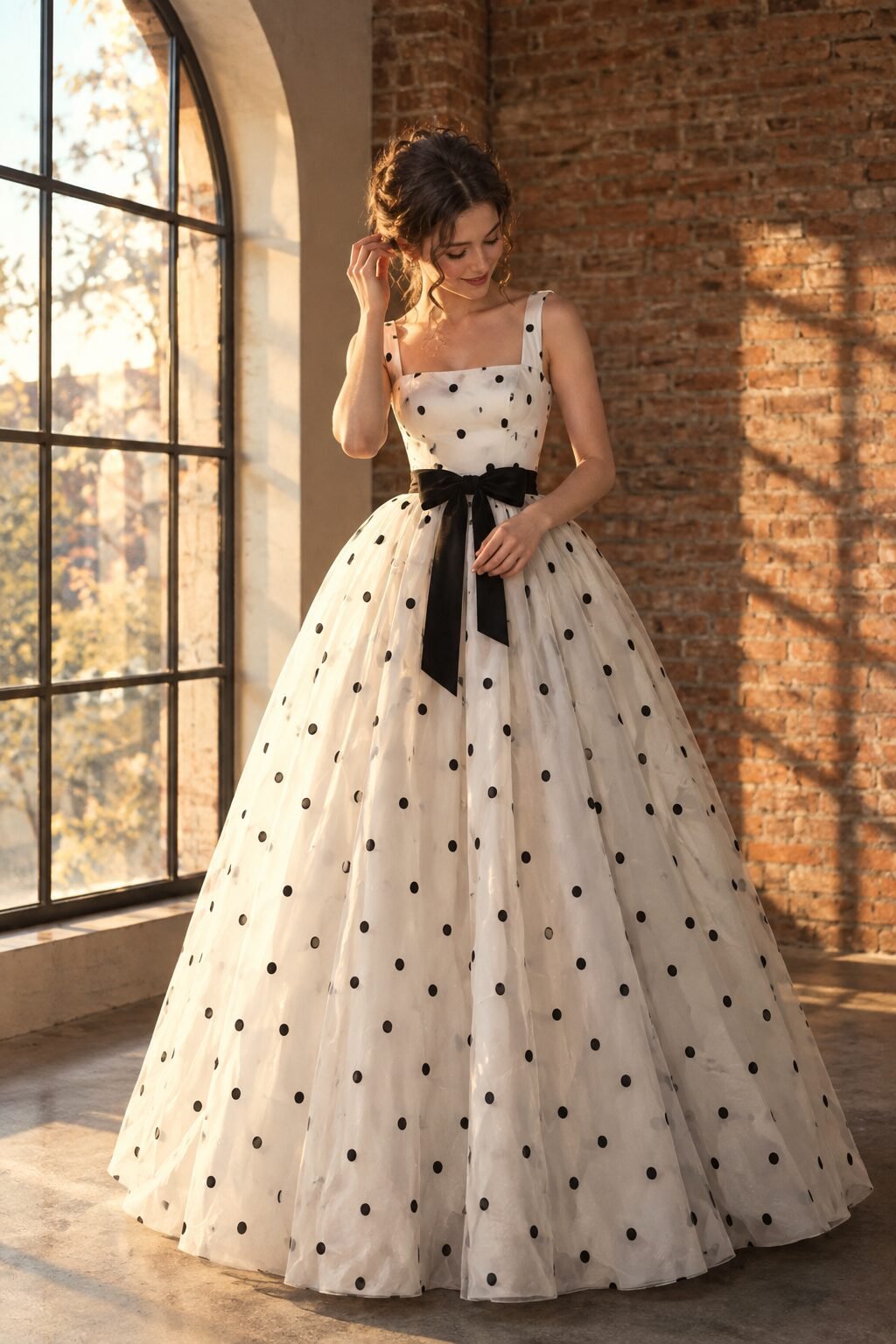 old hollywood prom dress: ivory polka dot ball gown with black velvet bow