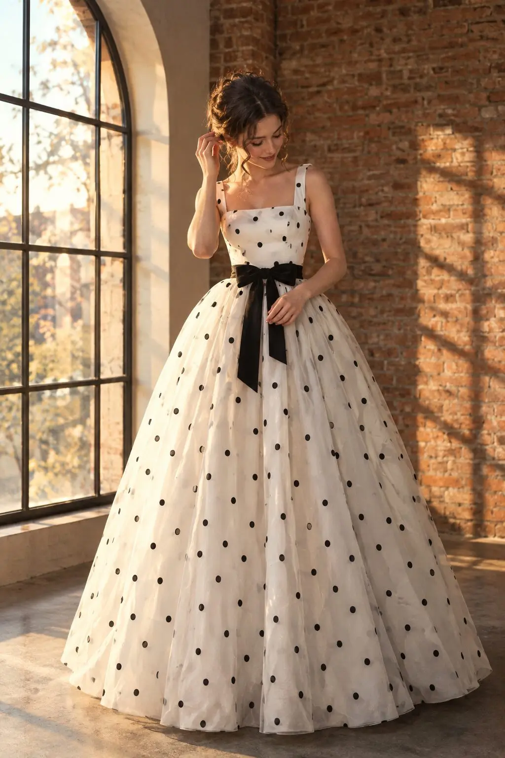 old hollywood prom dress: ivory polka dot ball gown with black velvet bow