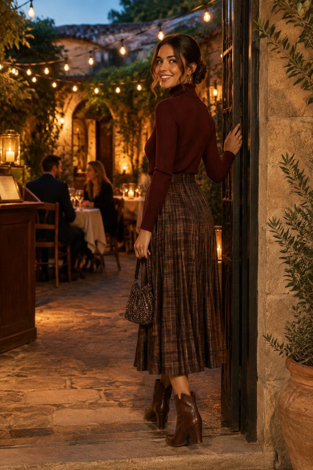 elegant fall outfit for women: burgundy cashmere turtleneck with chocolate plaid pleated midi skirt