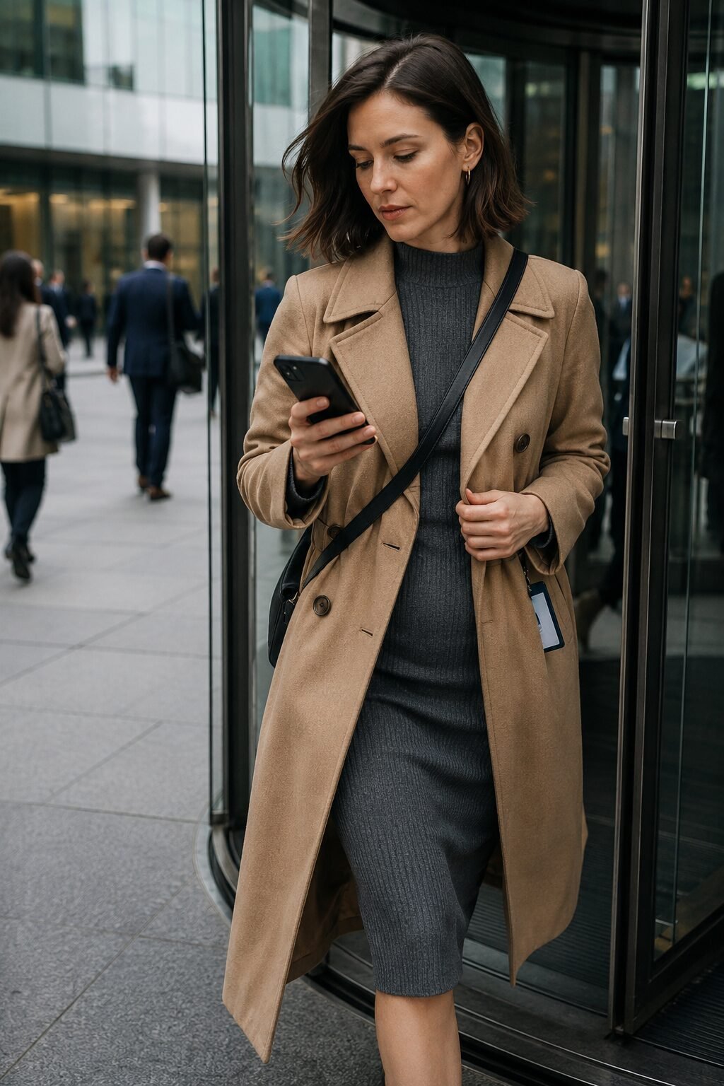 elegant outfits for running late: charcoal ribbed knit midi dress layered under an open camel trench coat