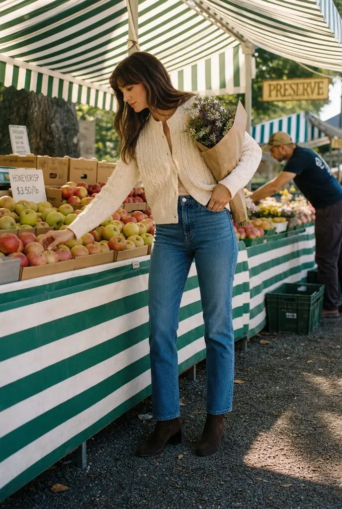 cream cable knit cardigan with medium indigo straight leg jeans and brown suede boots, weekend fall capsule outfit