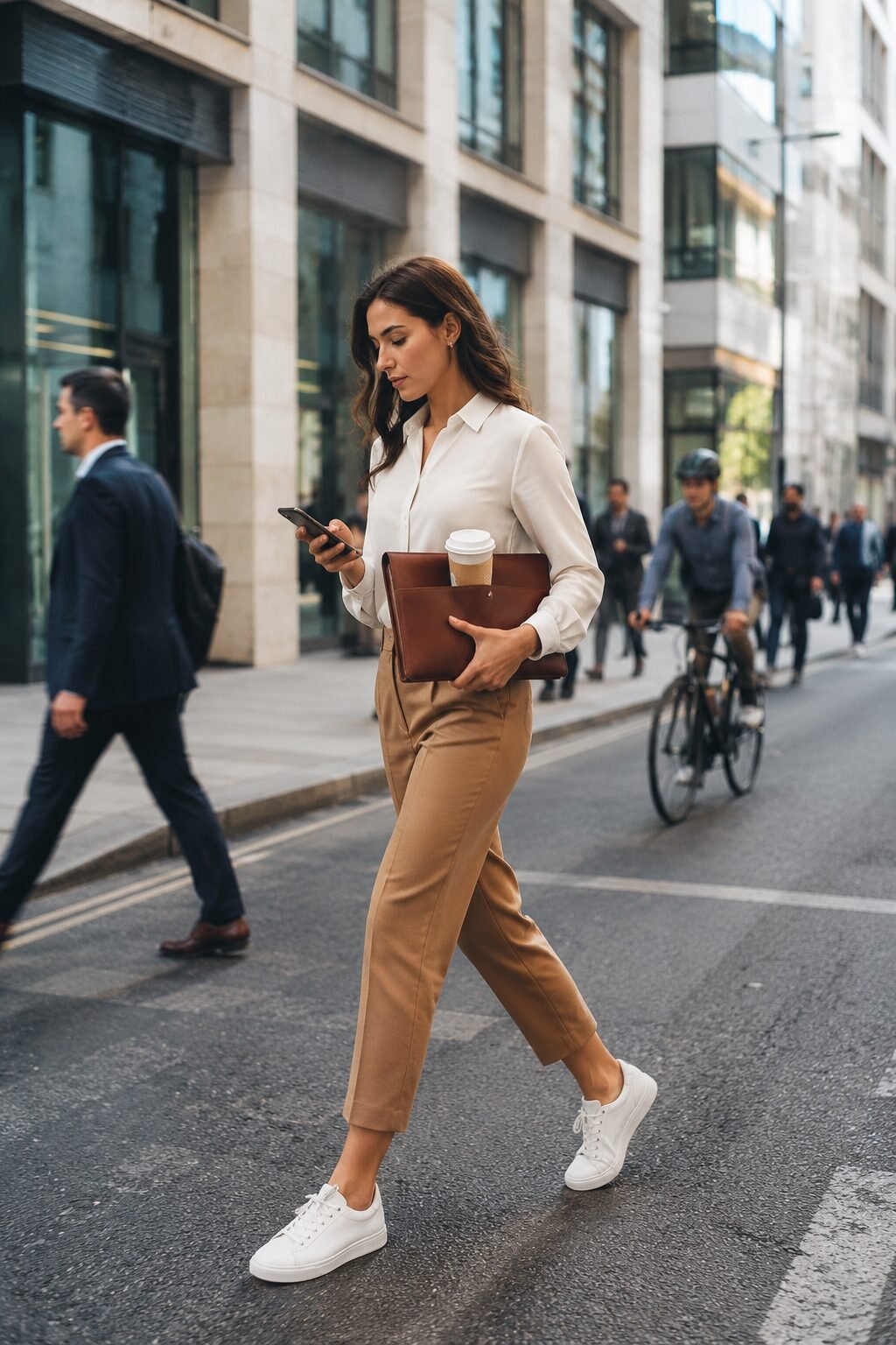 how to style white sneakers with tailored camel trousers for the office
