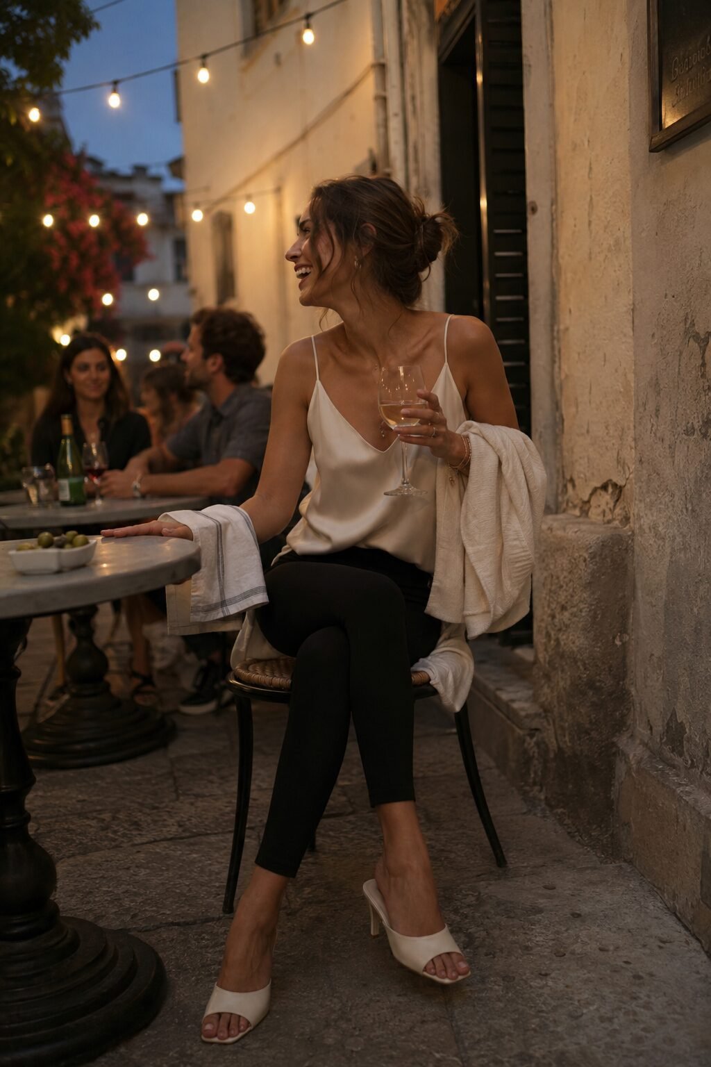 woman styling ponte leggings with a champagne silk camisole for an elegant evening look