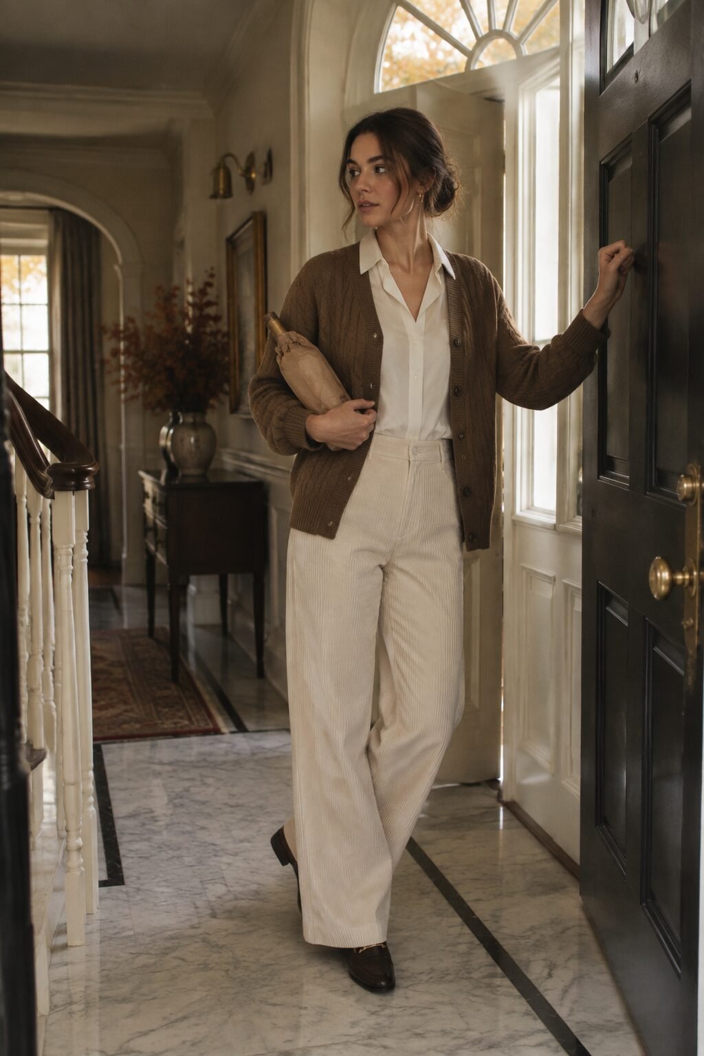 thanksgiving outfit idea for a dinner guest: cream corduroy wide-leg trousers, ivory silk blouse, and chocolate cable cardigan