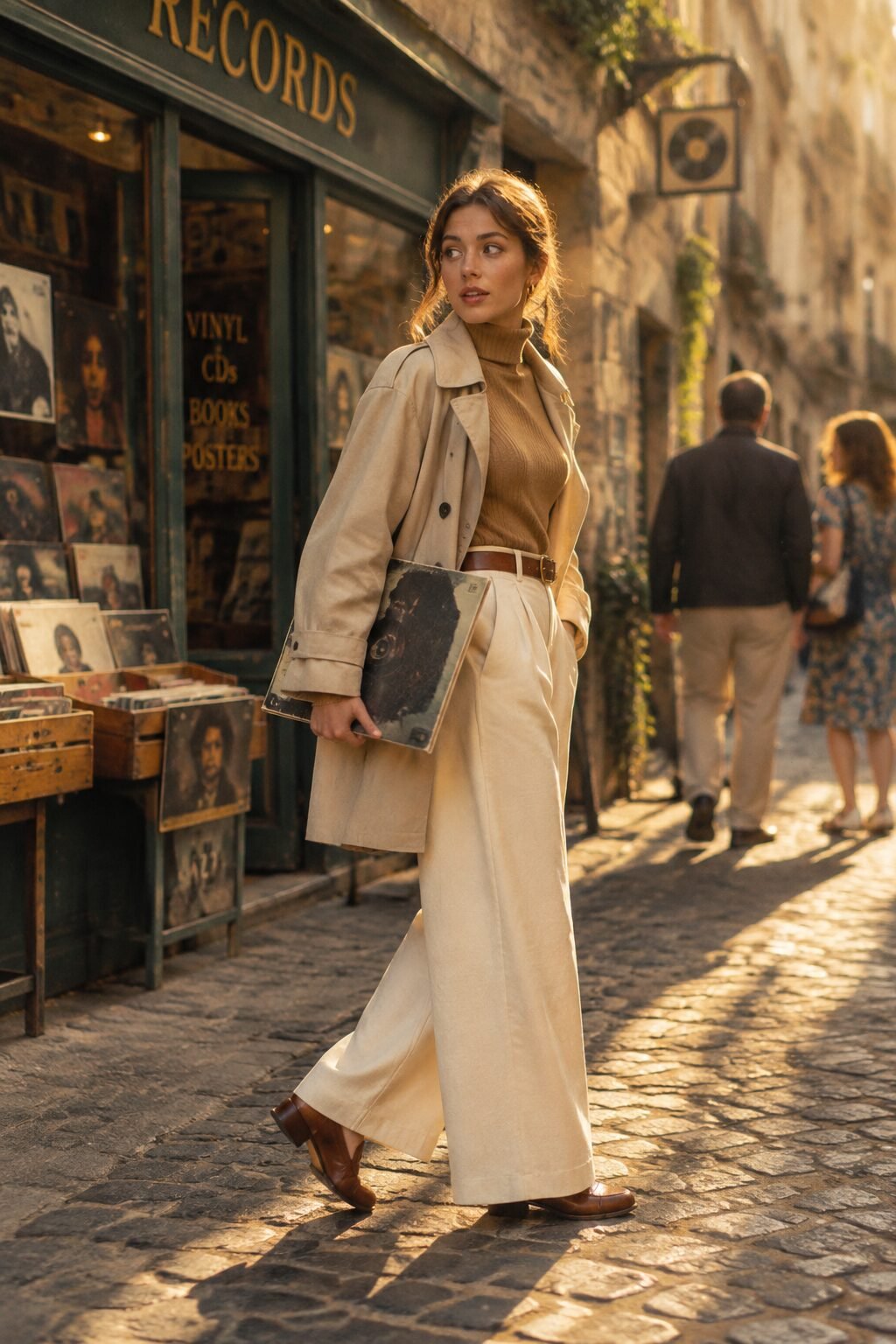 preppy spirit week outfit: wide-leg trousers, camel turtleneck, and beige jacket for 70s decades day