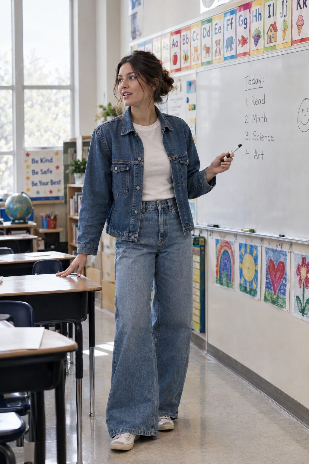 everyday elementary teacher outfit: denim chore coat, white tee, and wide-leg jeans for classroom teaching