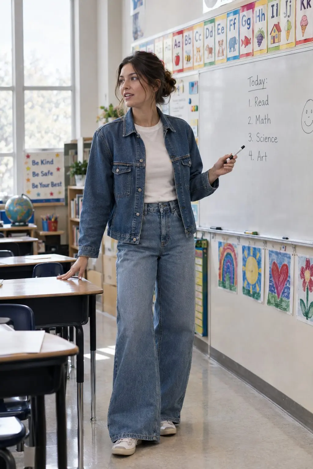 everyday elementary teacher outfit: denim chore coat, white tee, and wide-leg jeans for classroom teaching