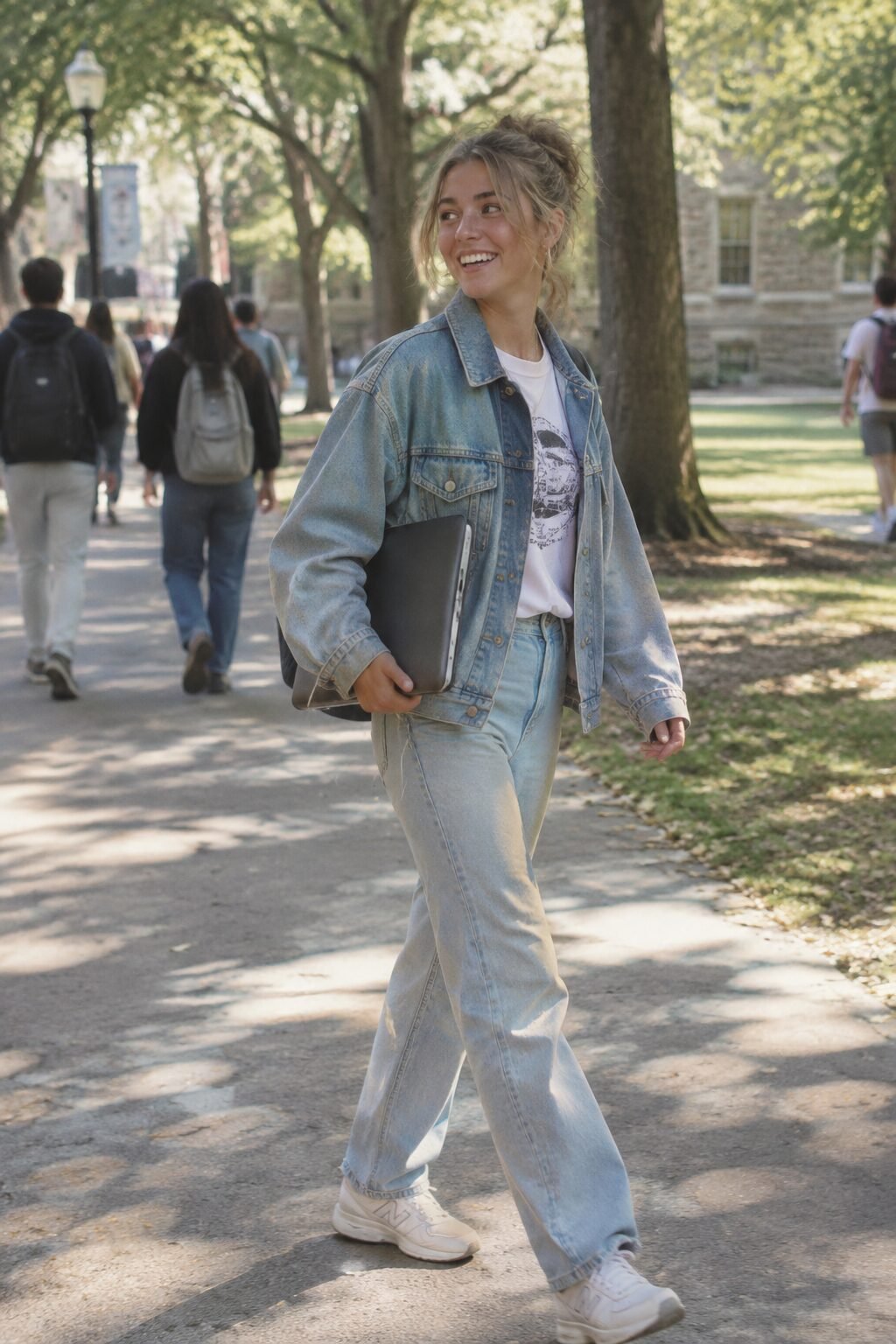 casual college outfit: light wash denim barn jacket over a white graphic tee and straight-leg jeans