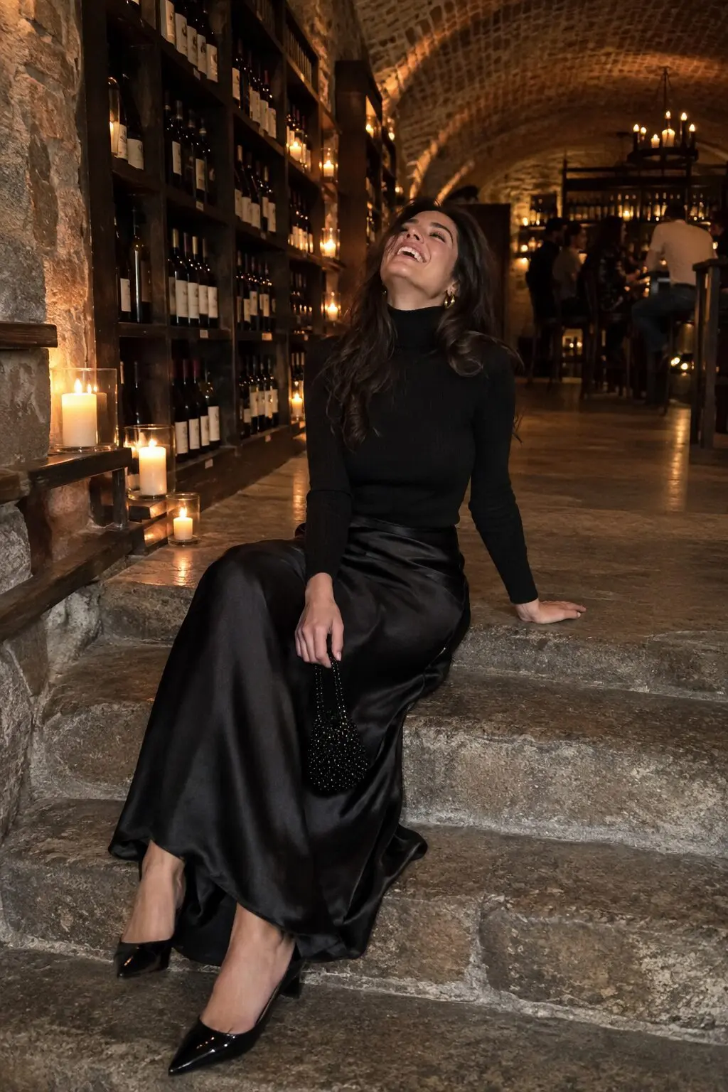 elegant black swan Halloween outfit: black silk midi skirt with black ribbed turtleneck bodysuit