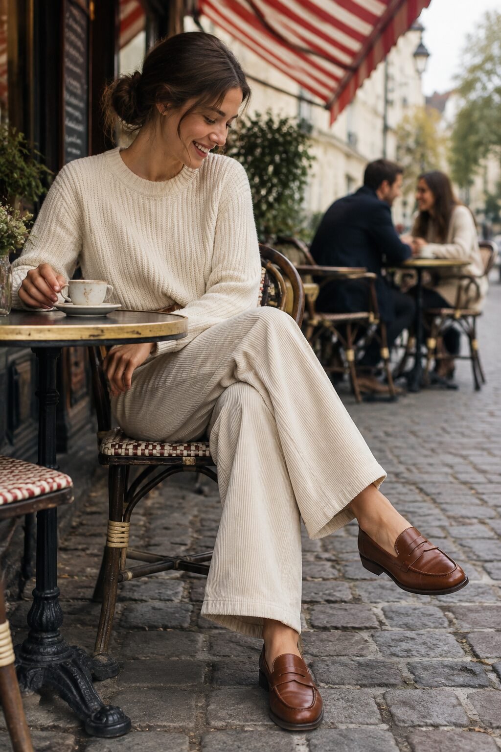 elegant winter outfit idea: ivory fisherman sweater, cream corduroy trousers, and cognac loafers